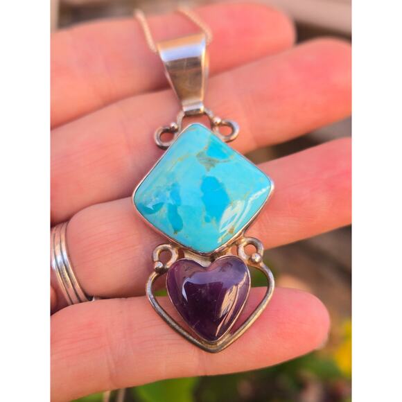 Vintage Jay King DTR Mine Finds Turquoise & Amethyst Heart Pendant Necklace 925 - Picture 1 of 10